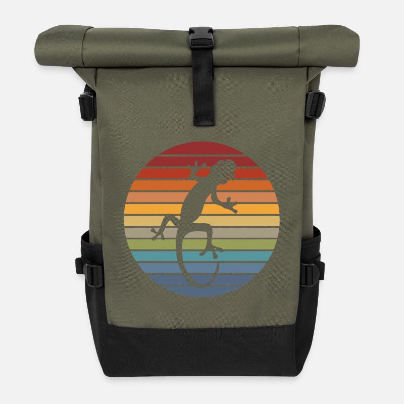 Gecko Silhouette Retro Echse Tier Reptil Geschenk - Rolltop Rucksack - Olive/Schwarz