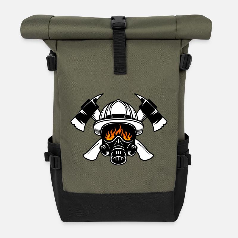 Gekreuzte Feuerwehraxt mit Atemschutz - Rolltop Rucksack - Olive/Schwarz