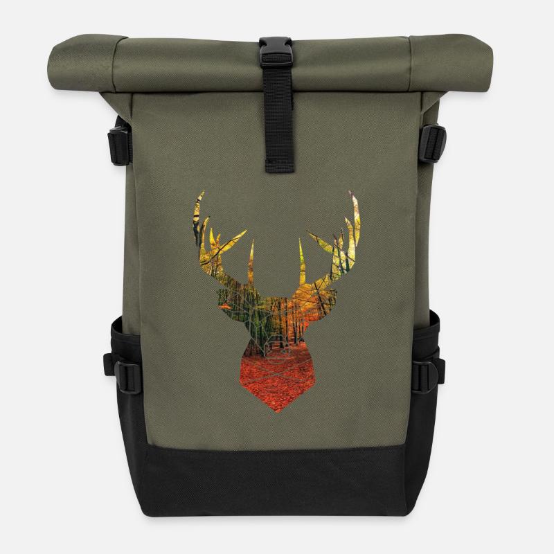 Hirschkopf im Herbst - Rolltop Rucksack - Olive/Schwarz