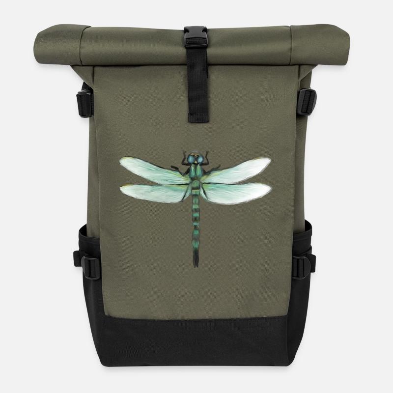 Grüne Libelle Wasserfarbkunst - Rolltop Rucksack - Olive/Schwarz