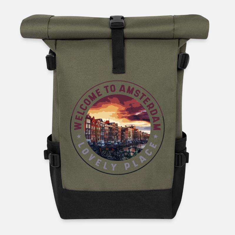 Willkommen in Amsterdam – Lieblingsplatz - Rolltop Rucksack - Olive/Schwarz
