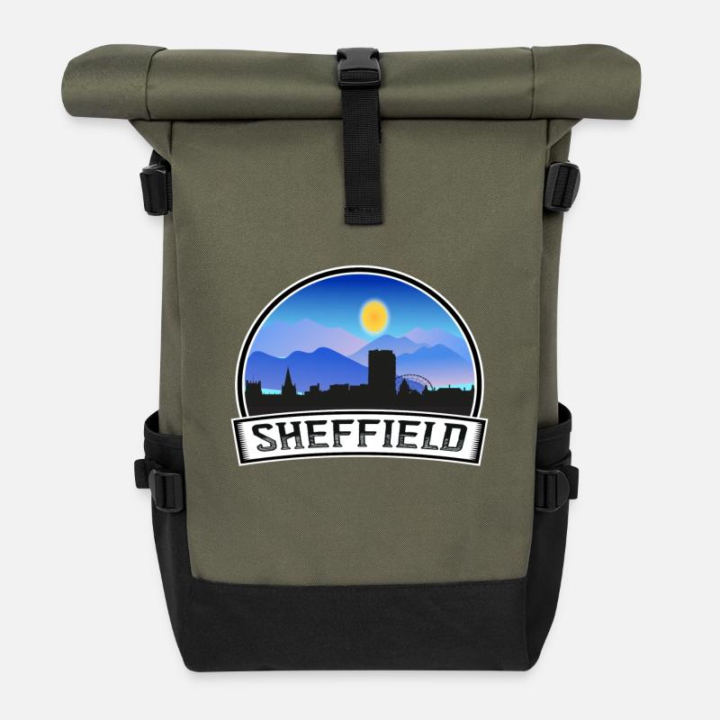 Sheffield England Skyline Vintage Sunset Travel So - Roll Top Backpack - olive/black