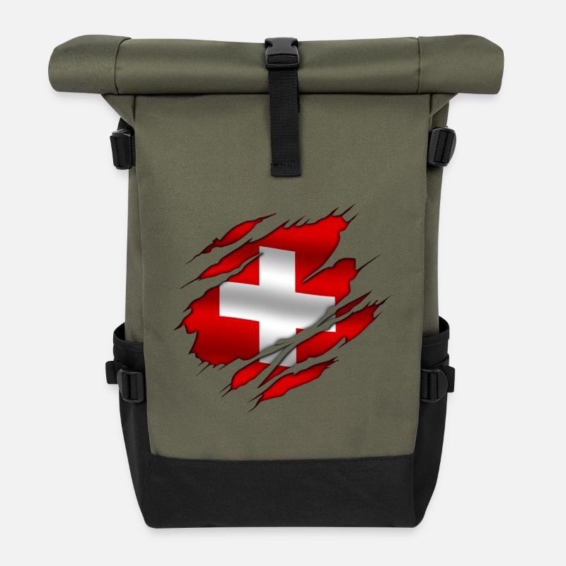 Suisse - Suisse - Suisse - drapeau déchiré - Sac à dos roll top - olive/noir