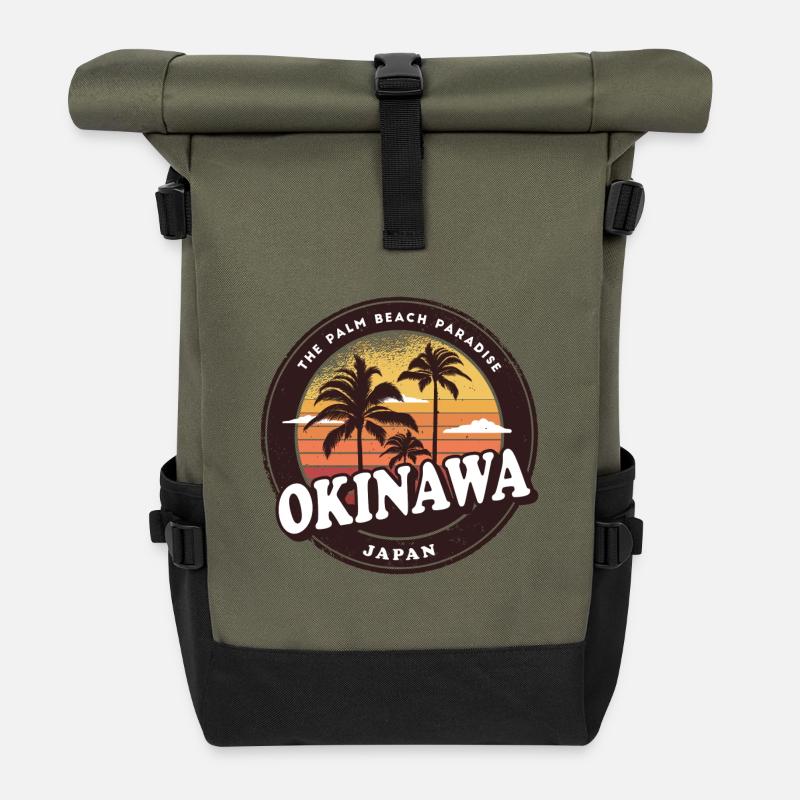 Okinawa Japan vintage beach design - Roll Top Backpack - olive/black