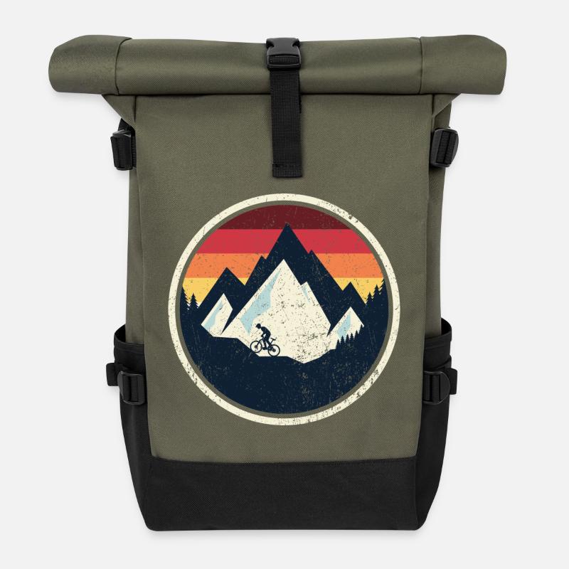 Retro Mountain Bike Sunset - Roll Top Backpack - olive/black