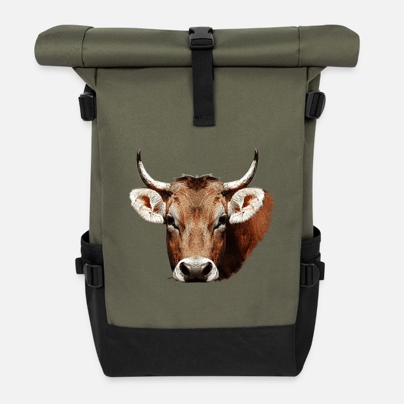 süße tierdesigns mädchen, kuh beige, rustikal - Rolltop Rucksack - Olive/Schwarz