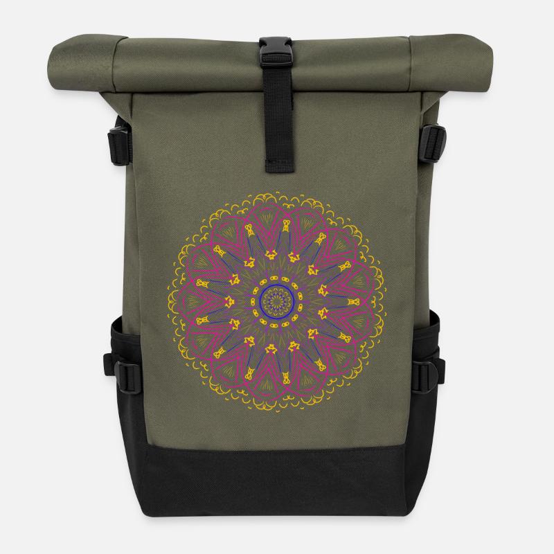 Leuchtendes Mandala in Neonfarben - Rolltop Rucksack - Olive/Schwarz