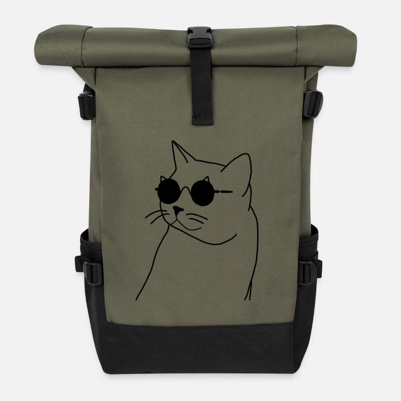 cat with glasses - Roll Top Backpack - olive/black