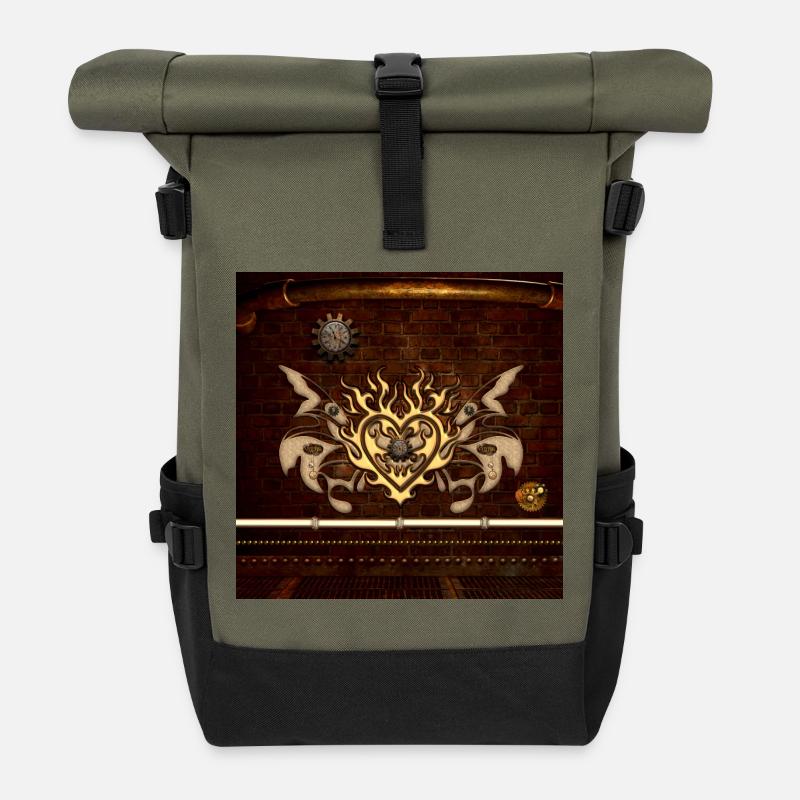 Wunderbare Herz-, Uhren- und Steampun-Zahnräder - Rolltop Rucksack - Olive/Schwarz