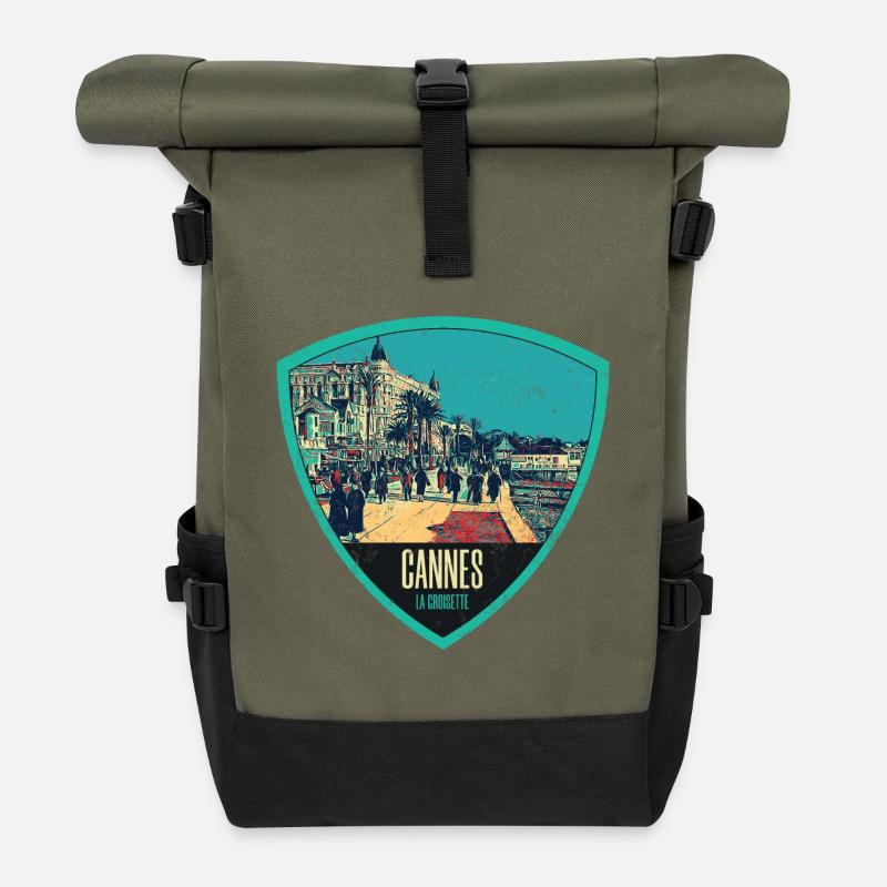 Originelle Retro-Illustration La Croisette in Cannes - Rolltop Rucksack - Olive/Schwarz