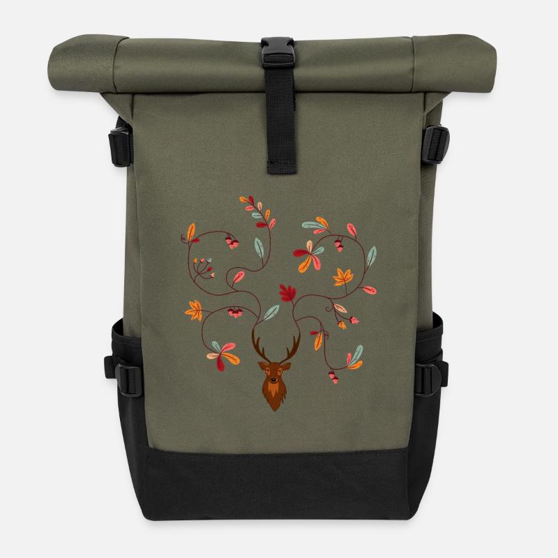 Deer in autumn gift idea antlers with leaves - Roll Top Backpack - olive/black