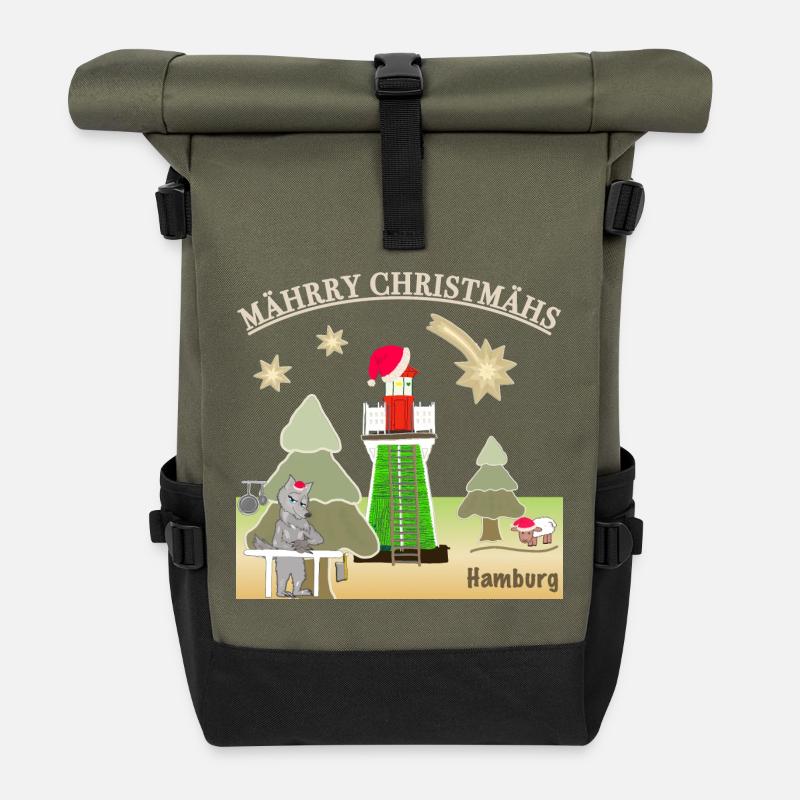 Weihnachten Hamburg, Leuchtturm Bunthaus, Wolf - Rolltop Rucksack - Olive/Schwarz