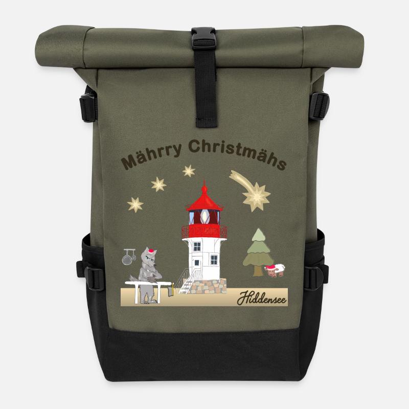 Hiddensee, Leuchtturm Gellen, Weihnachten, Wolf - Rolltop Rucksack - Olive/Schwarz