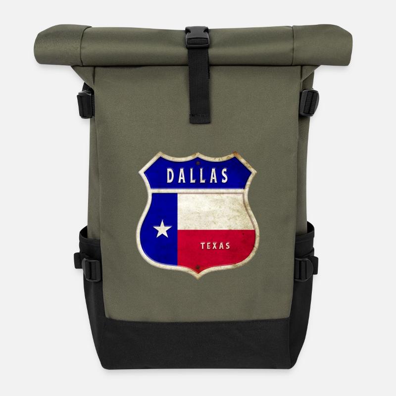 Dallas Texas Wappen Flaggen Design - Rolltop Rucksack - Olive/Schwarz