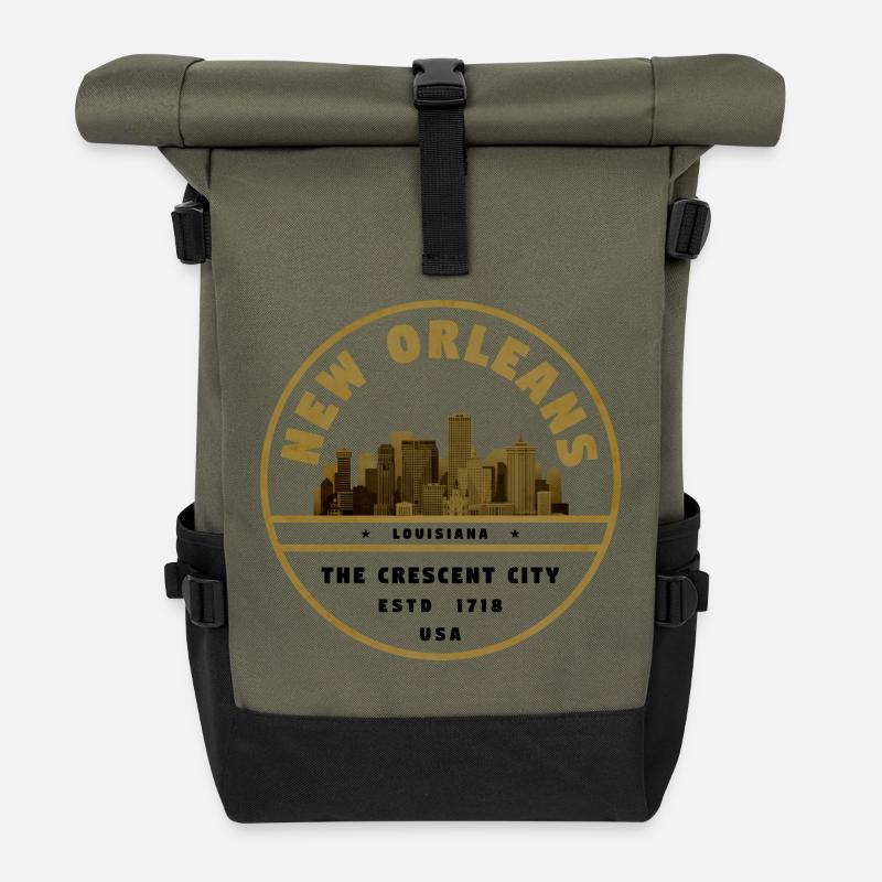 Timbre doré de la ligne de la Nouvelle-Orléans - Sac à dos roll top - olive/noir