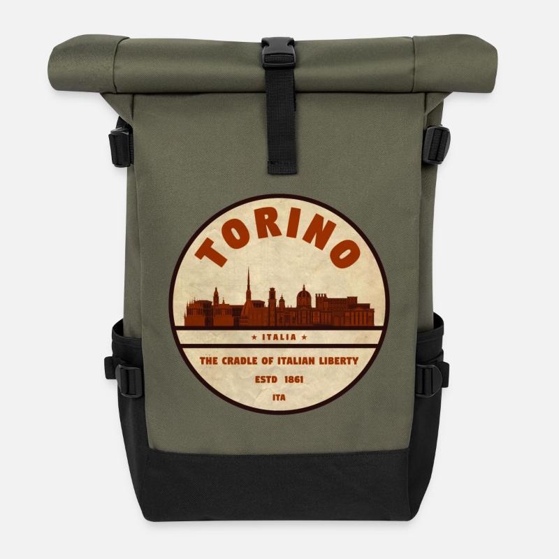 Torino Skyline Retro-Emblem - Rolltop Rucksack - Olive/Schwarz