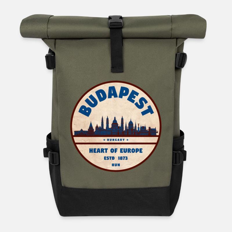 Budapest Herz Europas Vintage Badge - Rolltop Rucksack - Olive/Schwarz