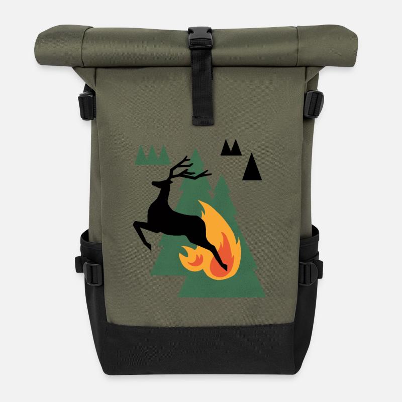 Bear by Campfire in Pines - Roll Top Backpack - olive/black
