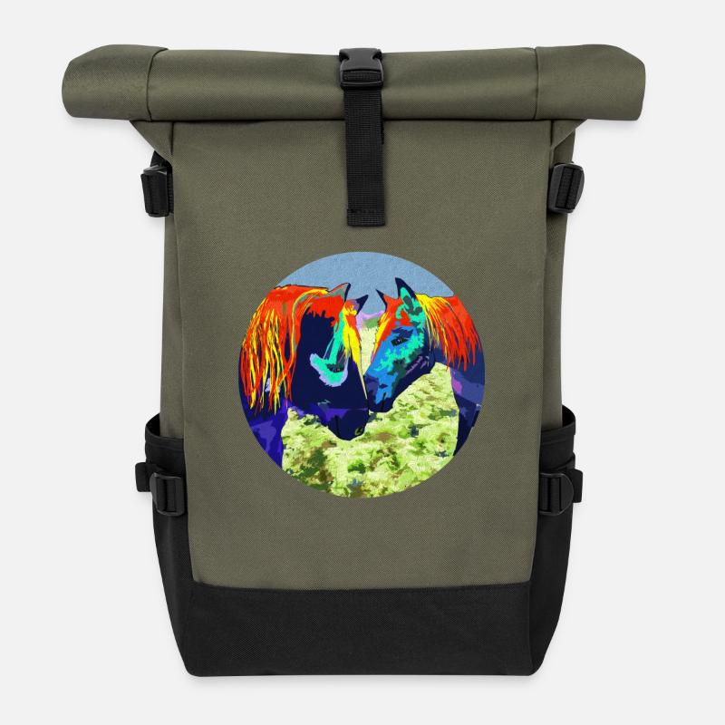 Pferdepaar Popart Kreisdesign - Rolltop Rucksack - Olive/Schwarz