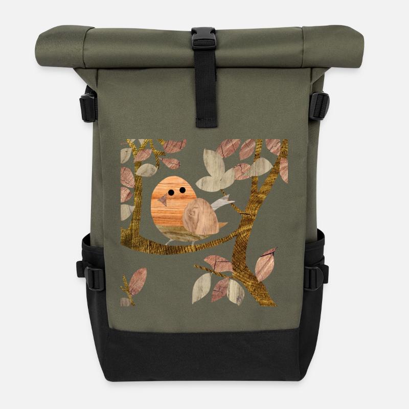 Vogel im Baum - Holz - Rolltop Rucksack - Olive/Schwarz