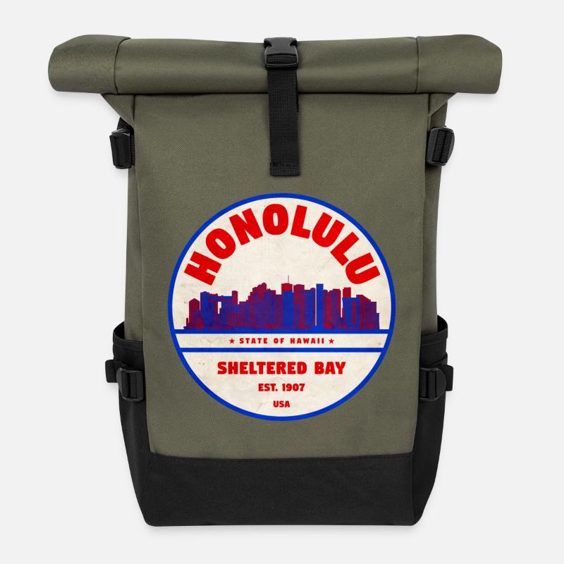Honolulu Skyline Vintage Abzeichen - Rolltop Rucksack - Olive/Schwarz