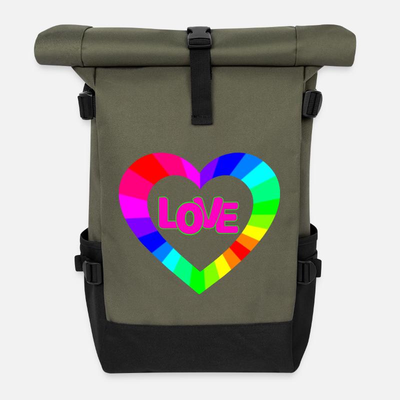 NeonLOVE Regenbogenherz - Rolltop Rucksack - Olive/Schwarz