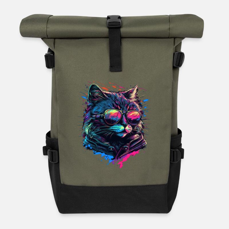 Coole Katze - Rolltop Rucksack - Olive/Schwarz