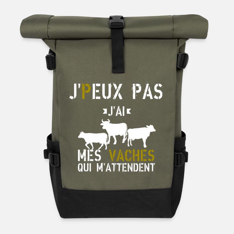 J Peux Pas J ai mes vaches qui m attendent - Sac à dos roll top - olive/noir
