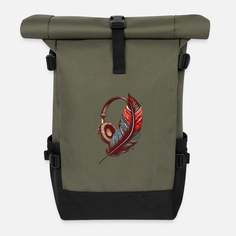 Old Headphone Design with Pen, Music Lovers - Roll Top Backpack - olive/black