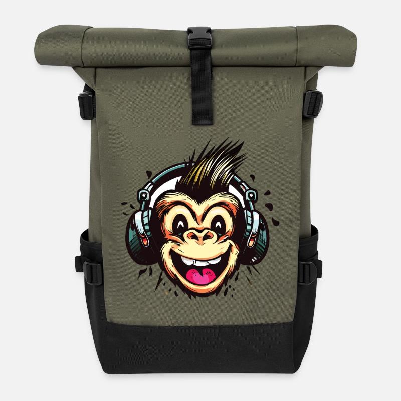 Lustiger DJ Monkey mit Kopfhörern - Rolltop Rucksack - Olive/Schwarz