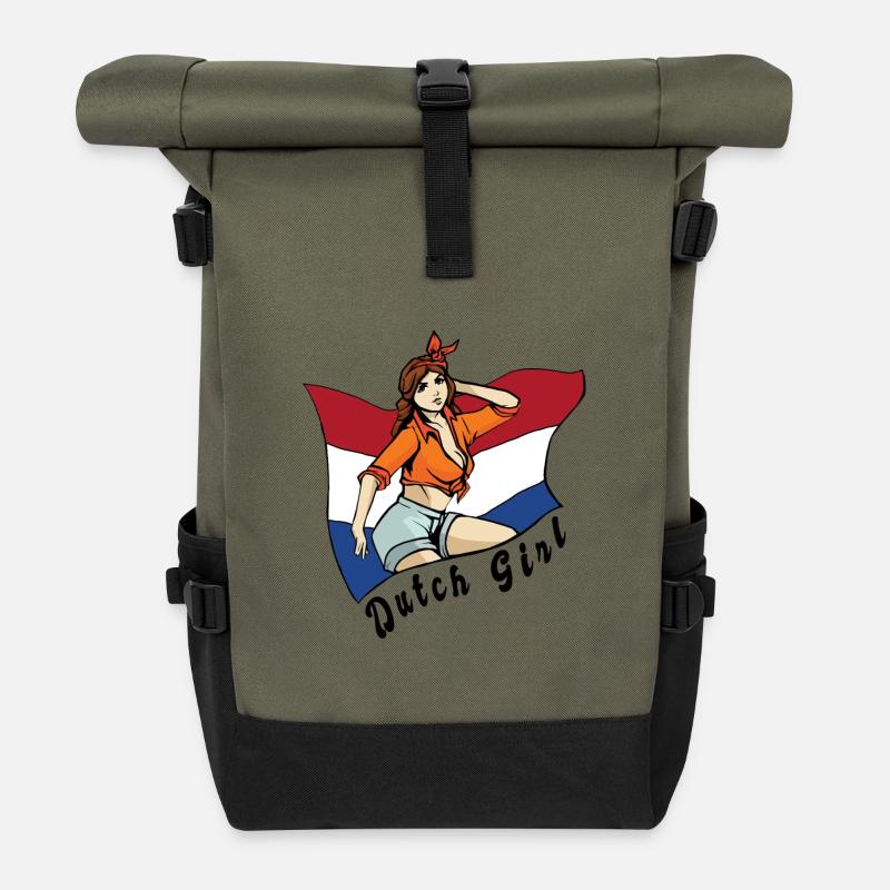 Niederländisches Mädchen Flaggen Design - Rolltop Rucksack - Olive/Schwarz