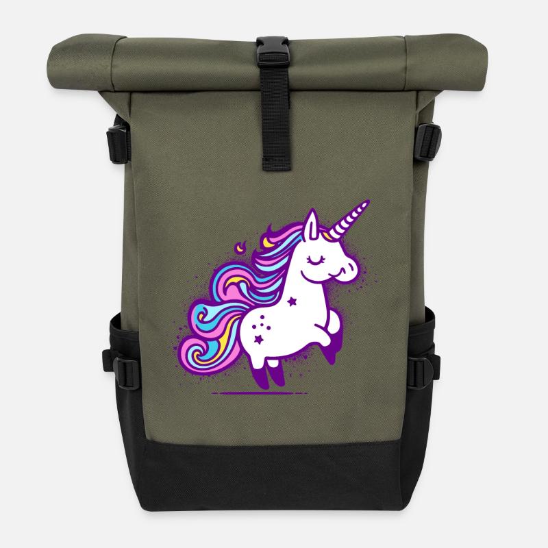 Skurriles Regenbogen-Einhorn-Design - Rolltop Rucksack - Olive/Schwarz