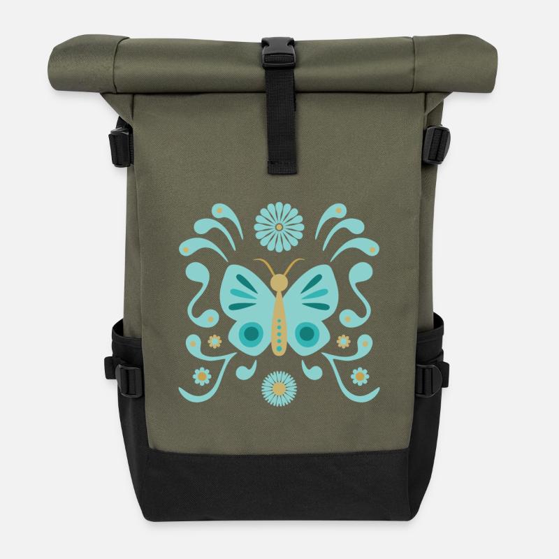Boho Butterfly L Blau und Gold - Rolltop Rucksack - Olive/Schwarz