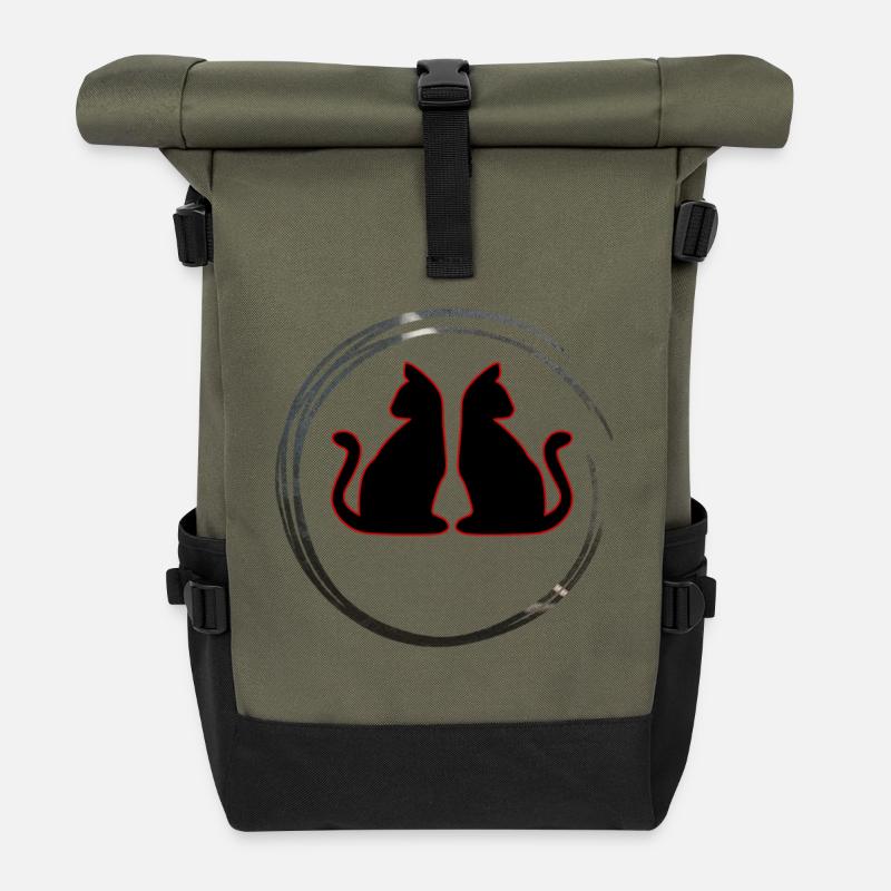 Rot / Schwarze Zwillings Katzen - Rolltop Rucksack - Olive/Schwarz