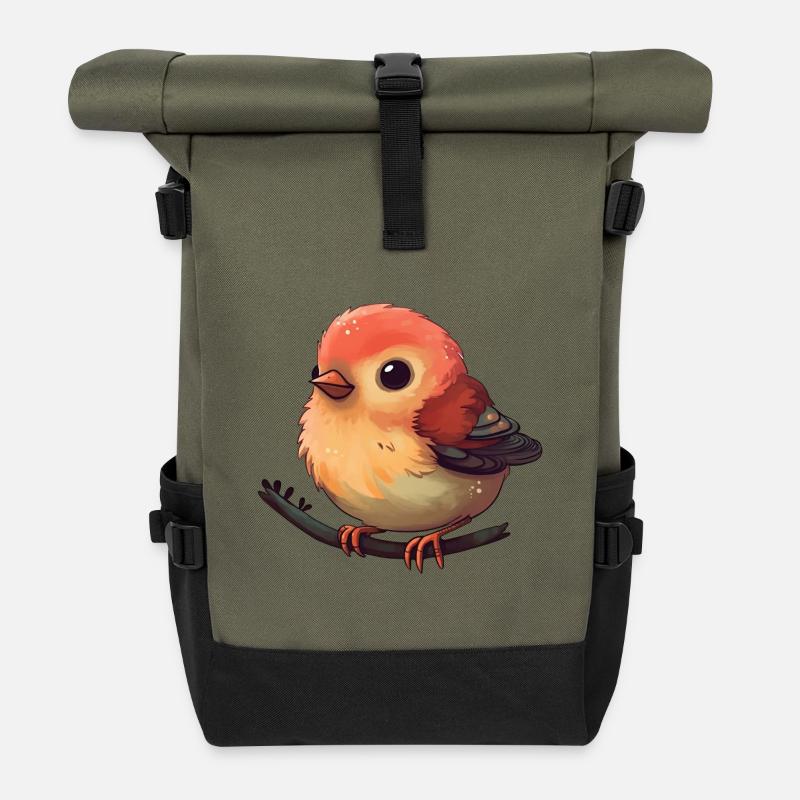 Sunlit Robin on a Branch - Roll Top Backpack - olive/black