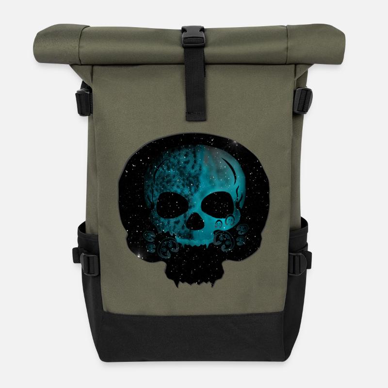 Katzenschädel, Gothic motiv, Sternenmuster - Rolltop Rucksack - Olive/Schwarz