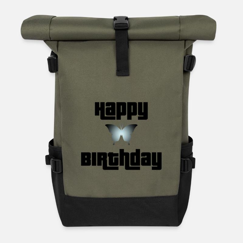 Happy Birthday Butterfly Design - Roll Top Backpack - olive/black