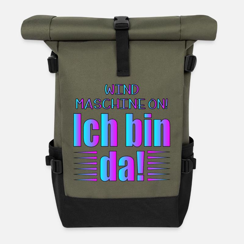 LUSTIGE SPRÜCHE - WINDMASCHINE - BIN DA Sprüche - Rolltop Rucksack - Olive/Schwarz