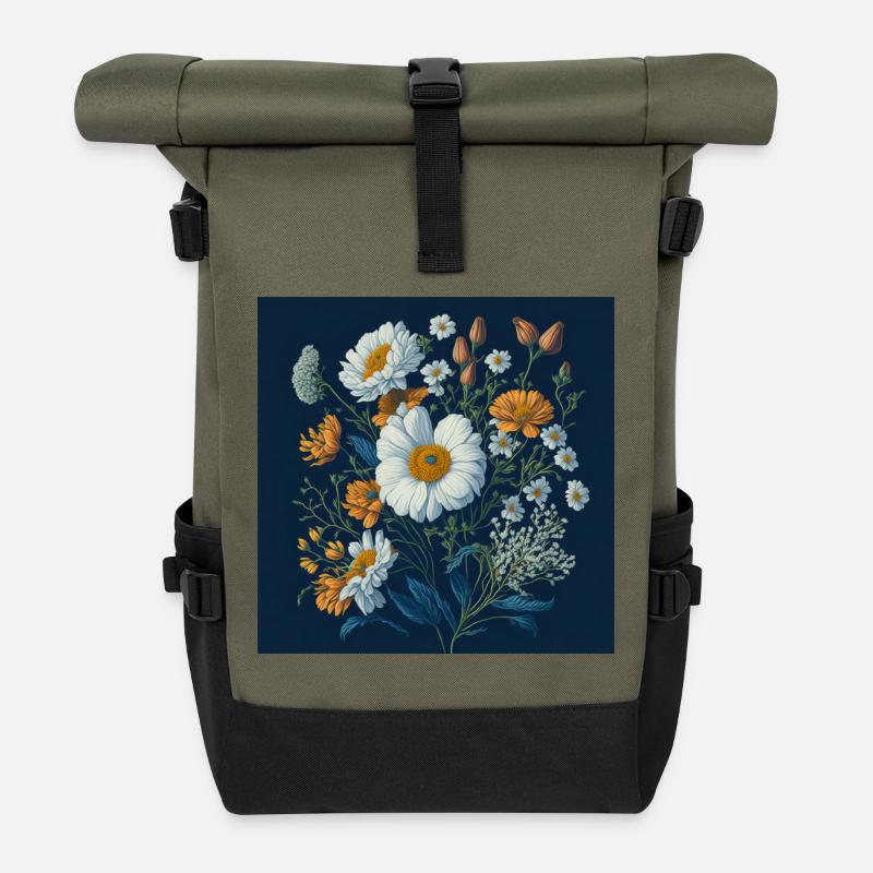 Blumen - Rolltop Rucksack - Olive/Schwarz