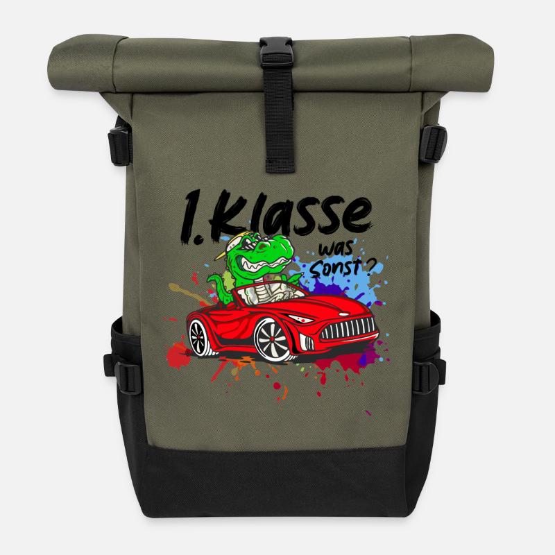 Schulkind Einschulung 2026 1. Klasse Geschenk - Rolltop Rucksack - Olive/Schwarz