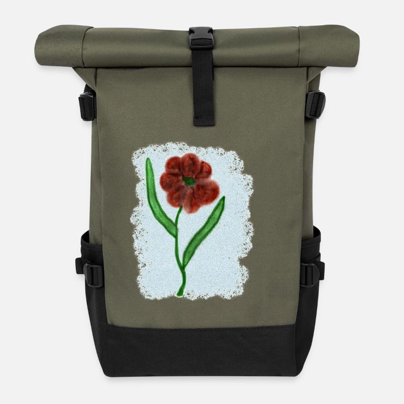 Rusty Red Flower with Green Leaves - Roll Top Backpack - olive/black