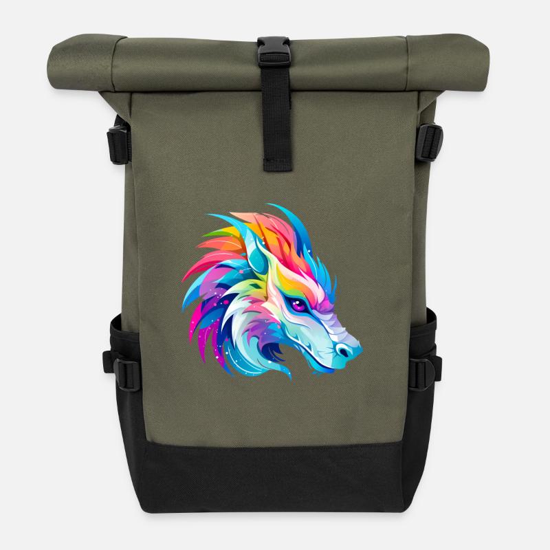 Regenbogen Drache Kopf - Rolltop Rucksack - Olive/Schwarz