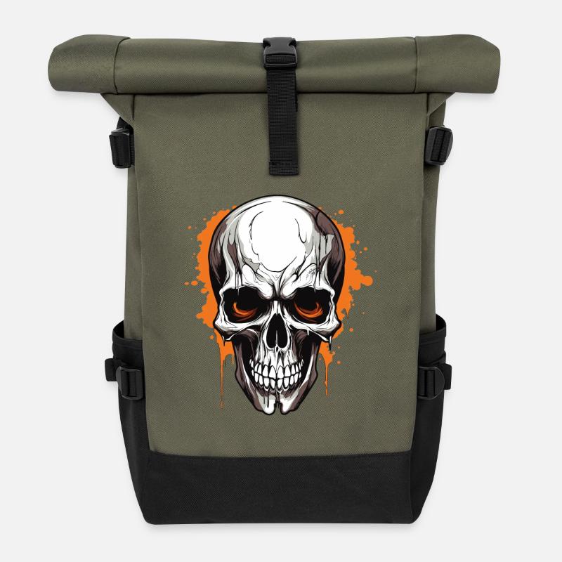 Orange Skull Splatter Gothic - Roll Top Backpack - olive/black