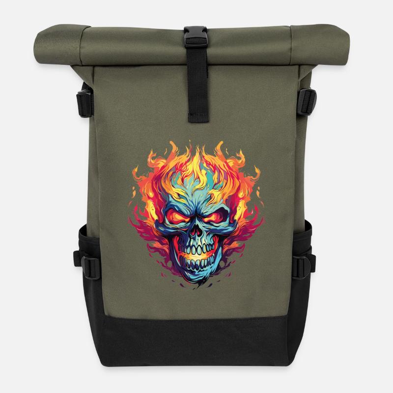 Neon Flames Skull Illustration - Roll Top Backpack - olive/black