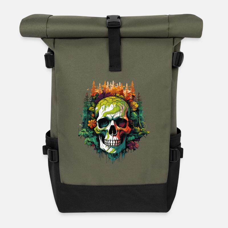 Rainbow Skull in the Jungle - Roll Top Backpack - olive/black