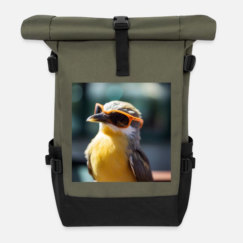 Vogel mit Orangen Sonnenbrillen - Rolltop Rucksack - Olive/Schwarz