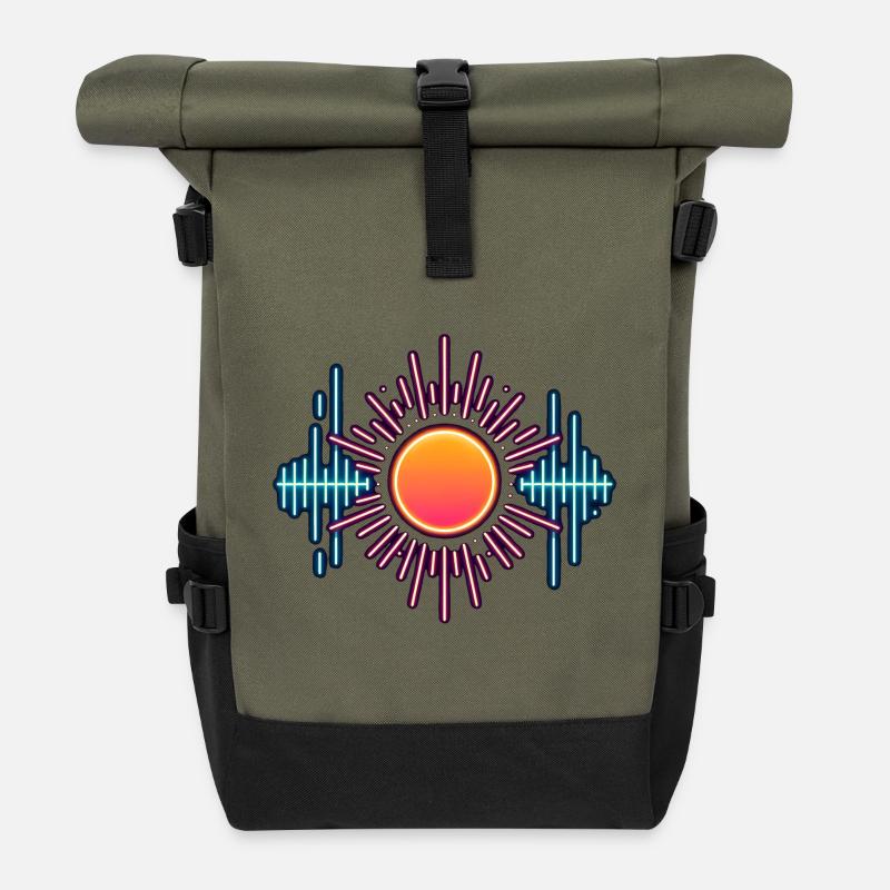 Neon Sun Sound Waves - Roll Top Backpack - olive/black