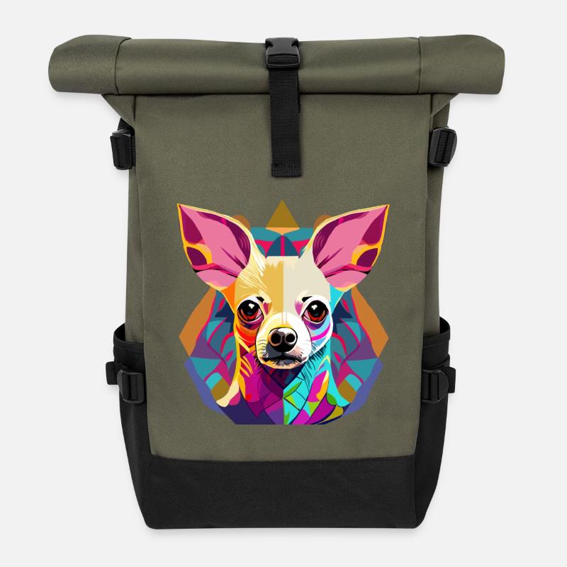 Farbenfrohe Chihuahua Illustration - Rolltop Rucksack - Olive/Schwarz