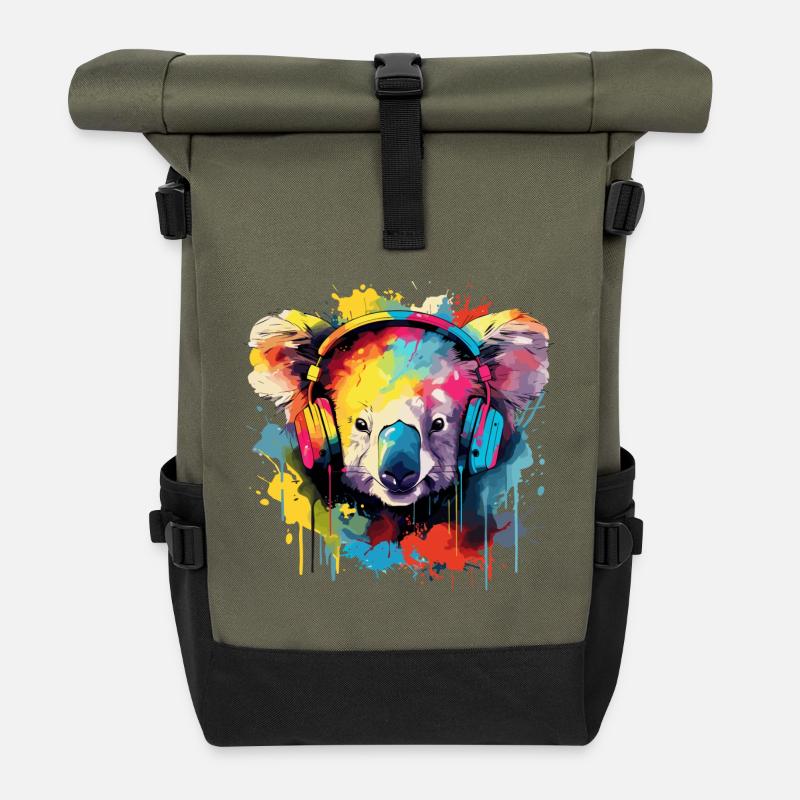 Koala mit Kopfhörer Musik Koala Bär - Rolltop Rucksack - Olive/Schwarz