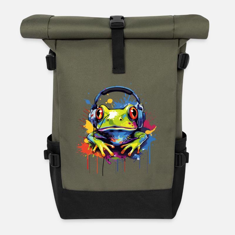 Frosch mit Kopfhörer Frösche Tiere - Rolltop Rucksack - Olive/Schwarz